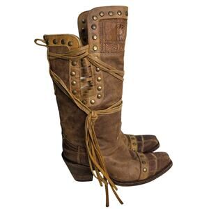 Corral Vintage Women Brown Leather Studded Western Cowboy Boots 7.5M Boho Fringe